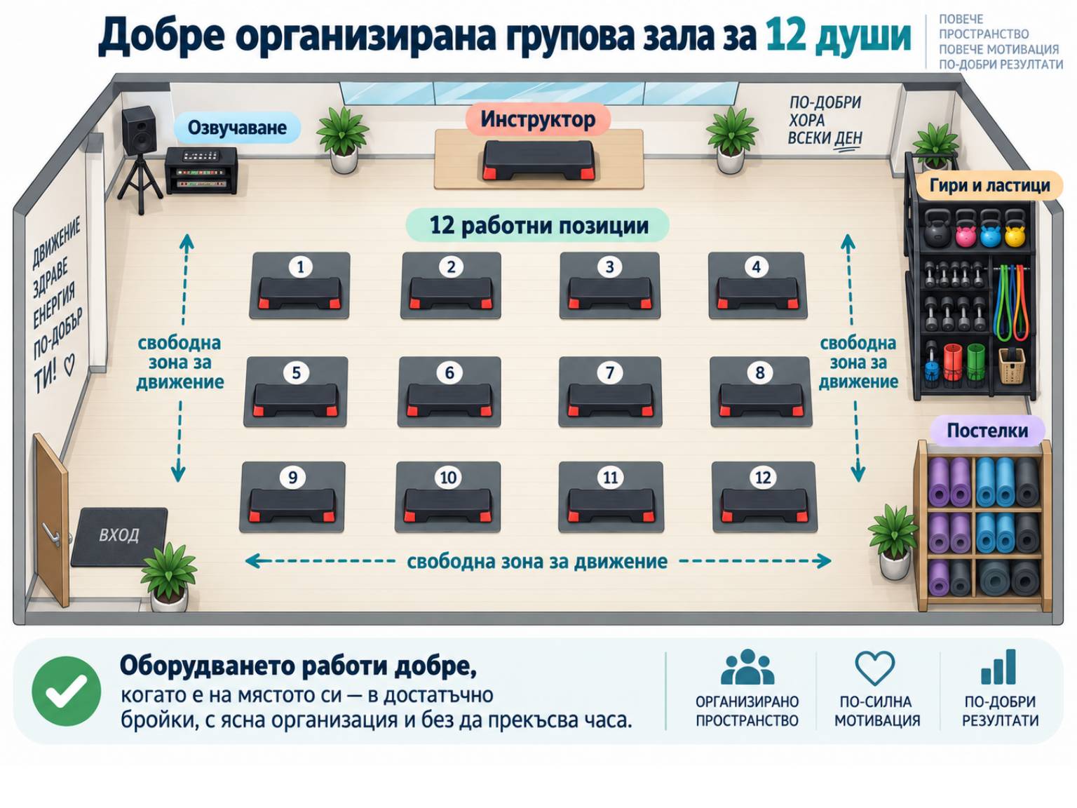 Оборудване за аеробика и групови фитнес занимания: какво е нужно на инструктора и групата — Dias Sport оборудване за аеробика групова зала 12 души